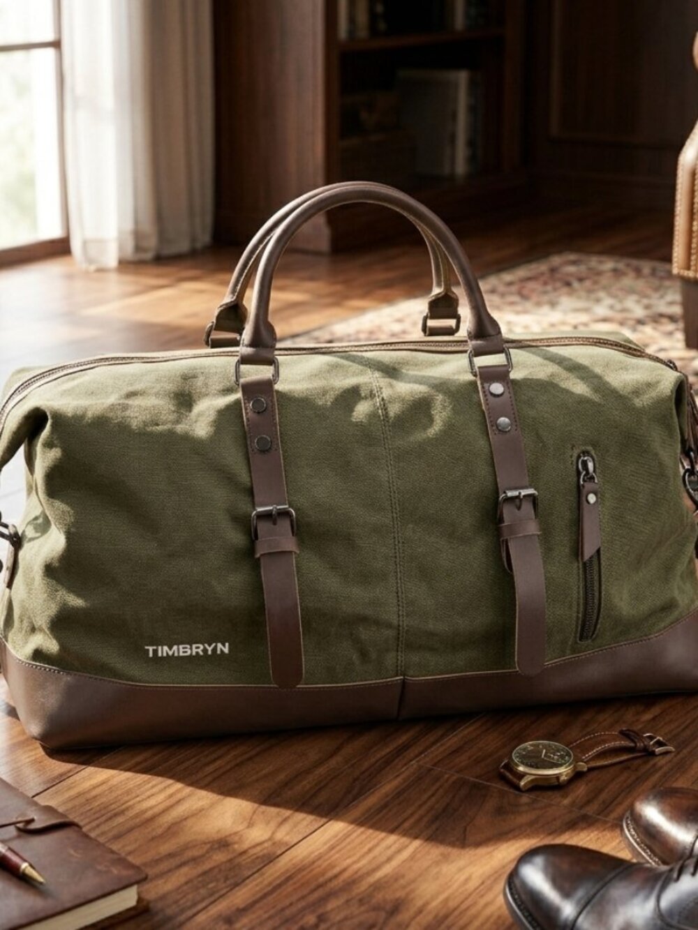 TIMBRYN Large Canvas & Leather Weekend Duffle Bag – Men's Vintage Travel CarryOn - Picture 5 of 17
